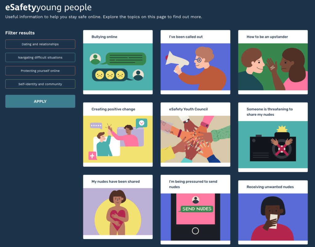 Screenshot of the eSafety Commissioner Young People page